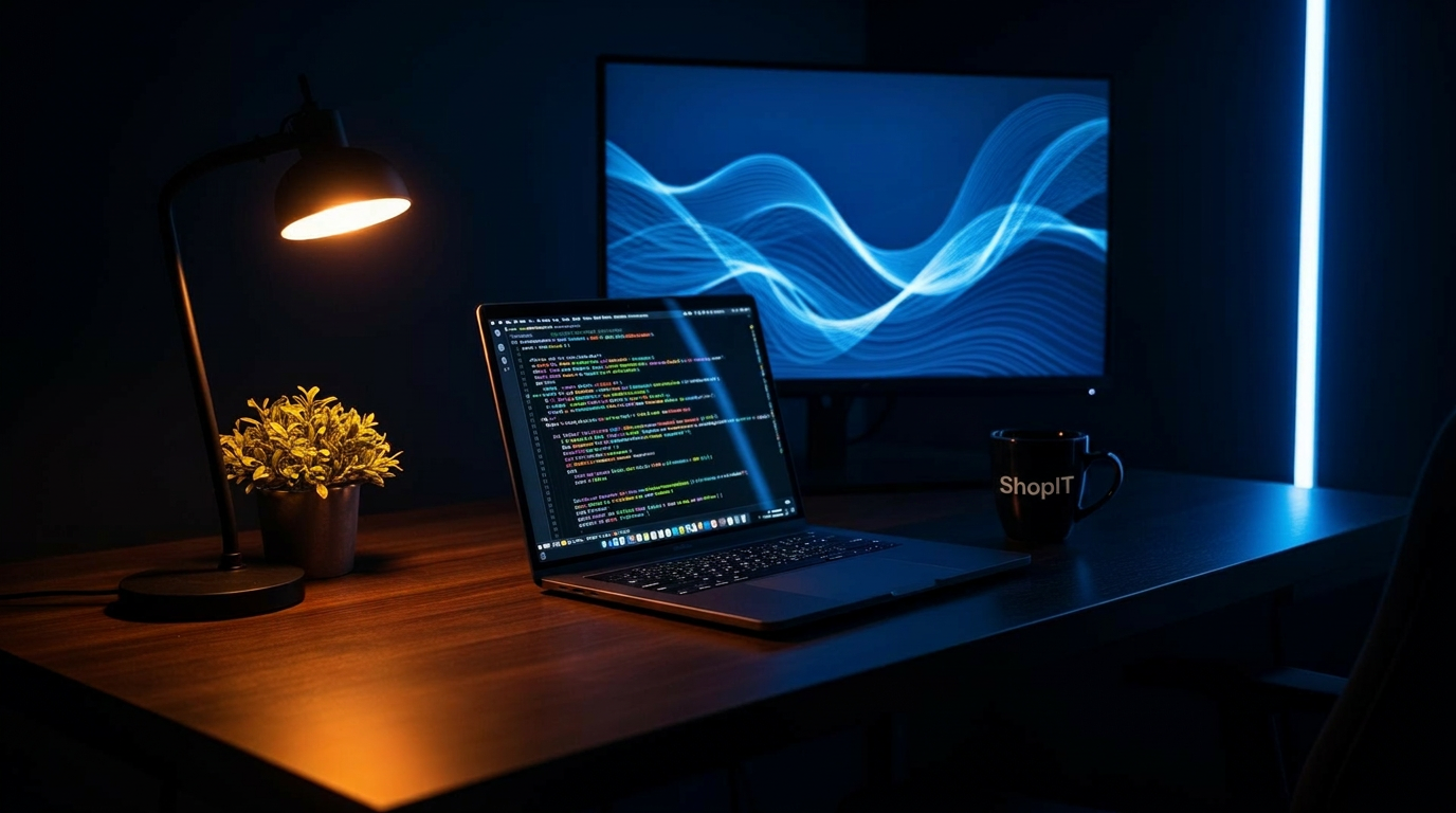 Modern developer workspace with code on screen